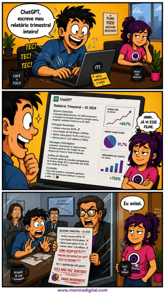 Tirinha humorística sobre funcionário usando ChatGPT para escrever relatório trimestral inteiro