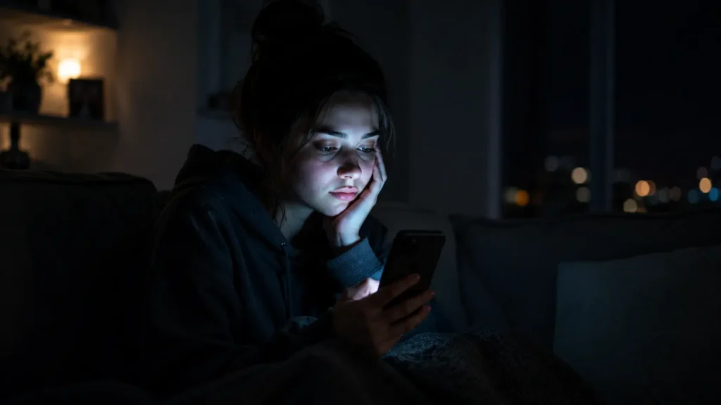 Pessoa sozinha, iluminada pela luz da tela do celular — Imagem Ilustrativa Menina Digital